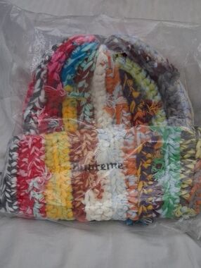 Multicolor Hand-Knit Striped Beanie with Embroidered Logo